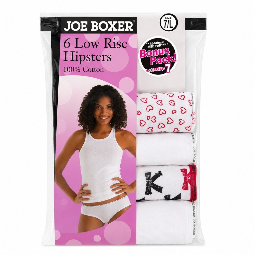 VTG 90s Joe Boxer 7 L Hipster Panties 4 Pair Low Rise Cotton Hearts Bows K4913